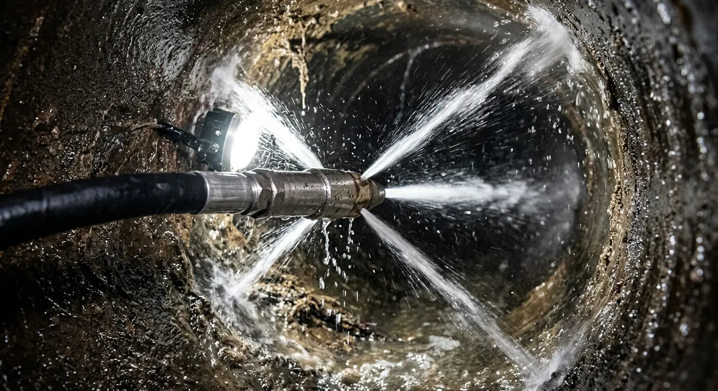 High-pressure hydro jetting nozzle cleaning sewer pipe for Emergency Drain Service in Bloomington