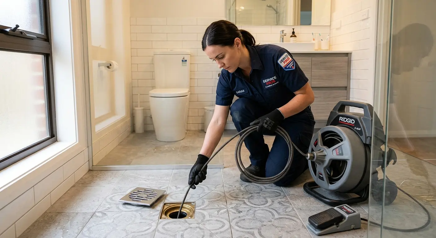 Technician clearing a bathroom floor drain for Sewer Line Replacement in Bloomington